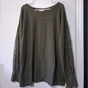 R⭑Wish Womens Olive Long Sleeve Top with Lace Sleeves Size 3X